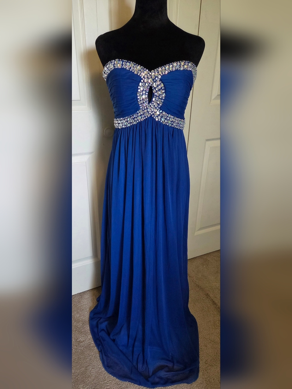 Royal BLUE JEWLED Strapless CHIFFON Formal PROM Evening GOWN SIZE Jr 11
